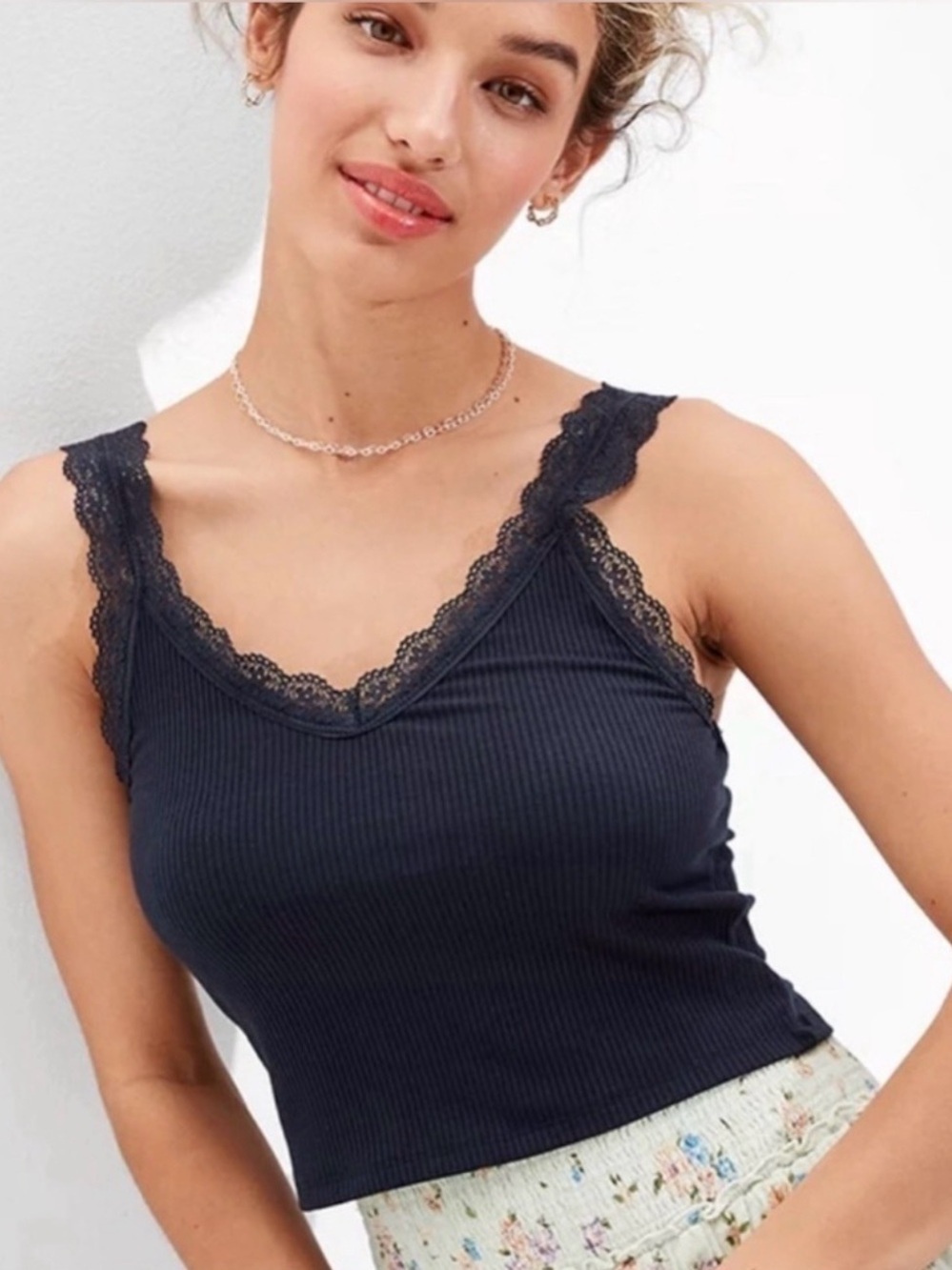 American Eagle Outfitters Navy Ribbed Lace-Trim V-Neck Cami